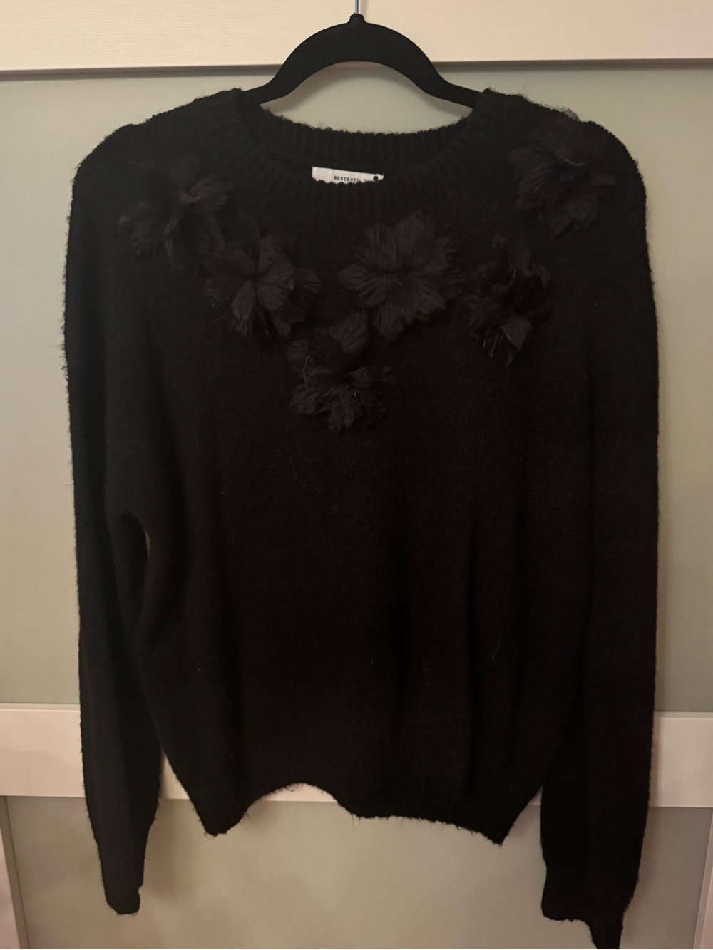 Reserved Black Crewneck Sweater with Floral Appliqués